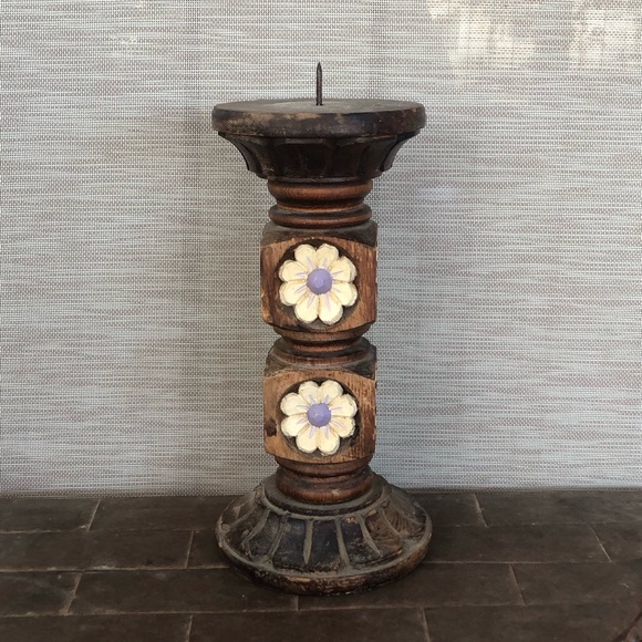 Vintage Carved Wood Floral Distressed Rustic Boho Candle Holder - Picture 3 of 9